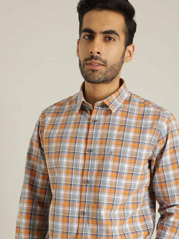 Indian Terrain Men Checkered Orange Shirt